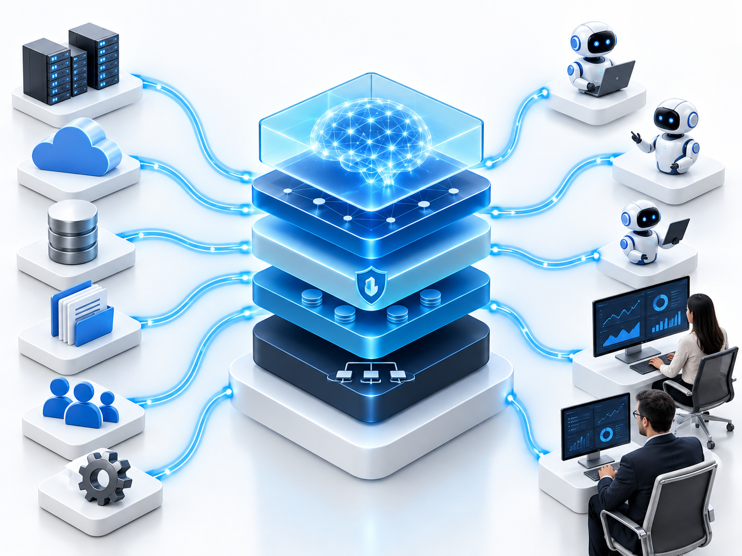 Enterprise Intelligence Layer architecture connecting AI agents, enterprise systems, governance, security, orchestration, and human oversight